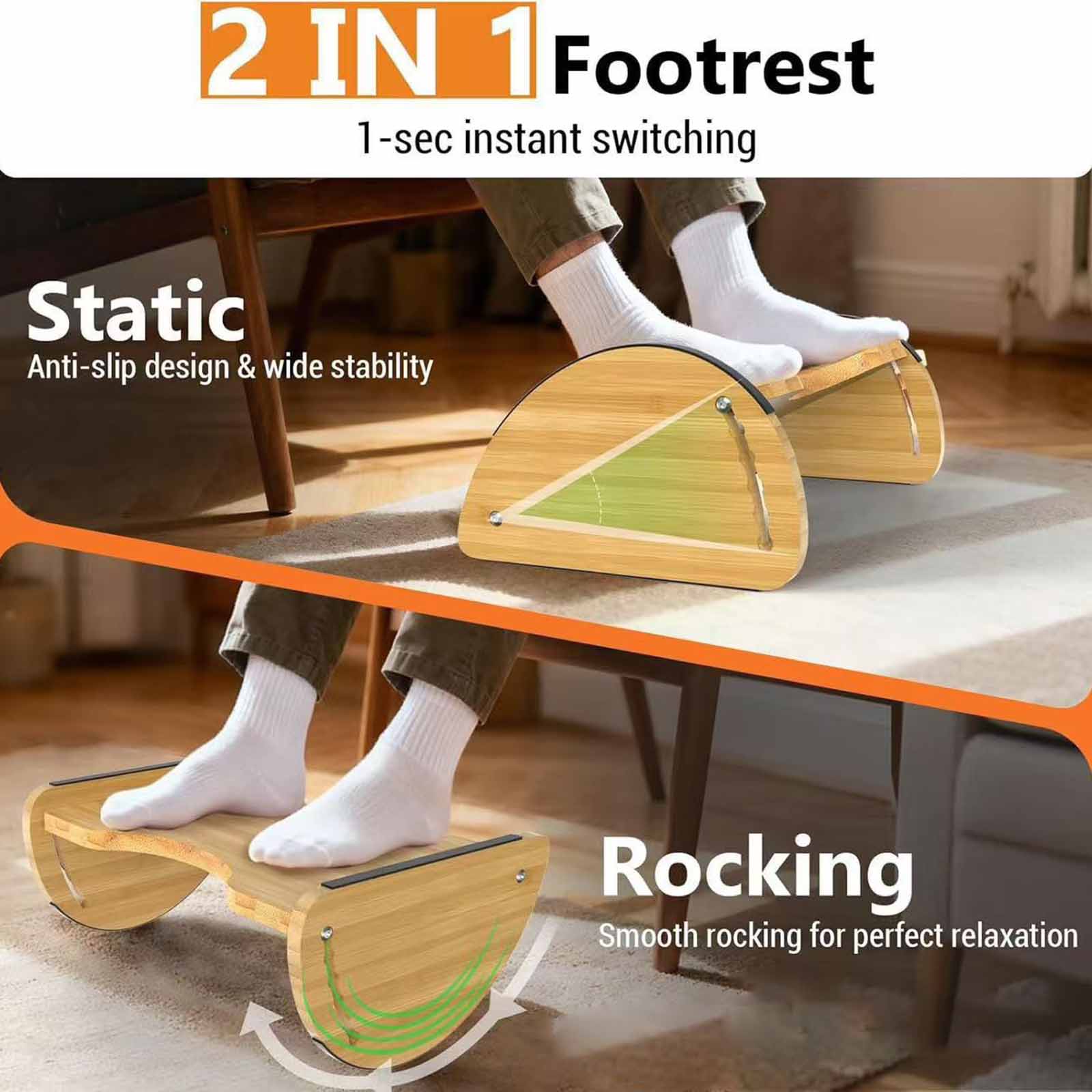 Office Footrest Cushion - Regulowany bambusowy podnóżek biurowy z poduszką,
